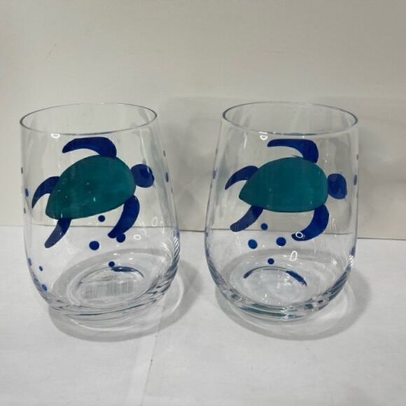 2 Stemless Wine Glasses Turtle - Blue December Diamonds New NWT Excellent - New - Picture 3 of 6